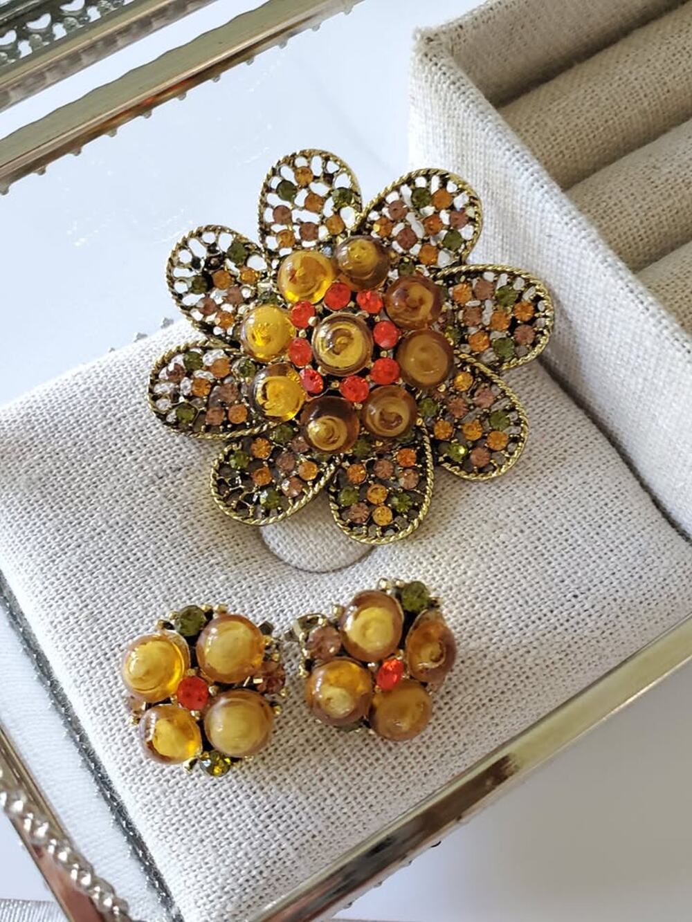 Vintage Orange and Yellow Bead Filigree Brooch & Earring Set